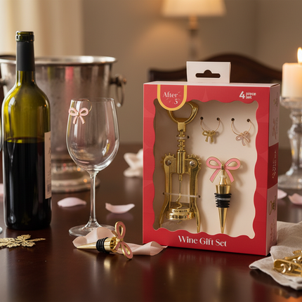 After 5 wine gift set displayed next to a bottle of wine with two wine glasses on an elegant table setting