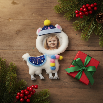 Studio Decor Llama Photo Ornament holiday gift presentation flat lay with pine branches
