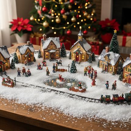 Fluffy white artificial snow sprinkled around a Christmas village scene with miniature houses