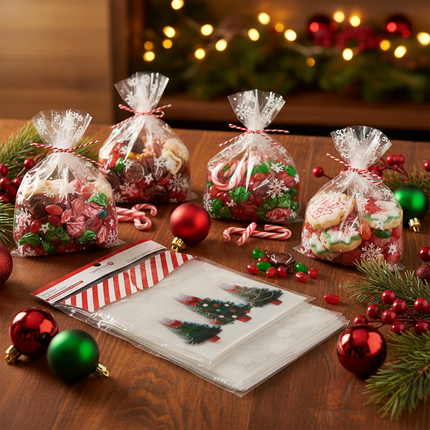 Celebrate It Christmas treat bags with trees snowflakes and stripes filled with candy on a Christmas table with ornaments and pine branches