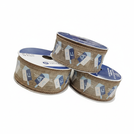 Celebrate It Hanukkah wired ribbon spools with natural burlap texture and blue and white dreidel pattern on white background
