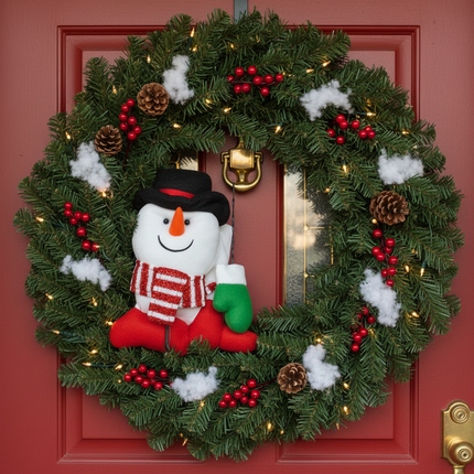 Christmas wreath decorated with snowman pick kit pieces hung on a front door