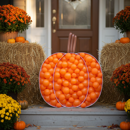 Large orange pumpkin shaped balloon sculpture displayed on a front porch with fall mums and hay bales for Halloween or Thanksgiving
