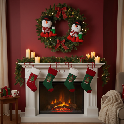 Christmas wreath with snowman pick kit pieces hung indoors on a mantel with cozy holiday decor