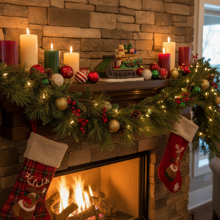 Ashland 4 inch Santa's sleigh Christmas decor figure on a fireplace mantel with greenery candles and ornaments
