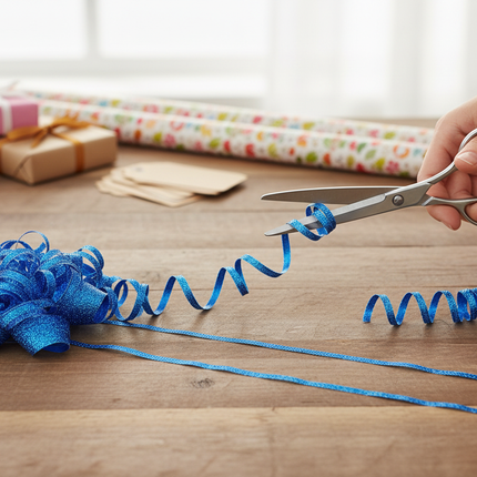 Blue curly gift bows curl ribbon being curled with scissors on a gift wrapping table