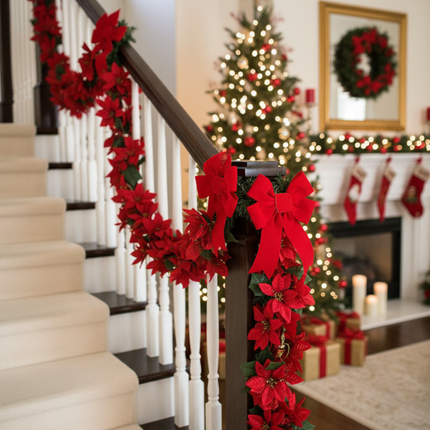 Ashland red poinsettia chain garland 6ft draped along a staircase banister with red ribbon bows