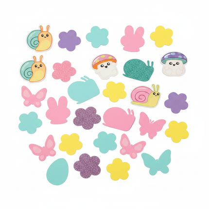 120-piece Easter foam sticker set with kawaii snails, mushrooms, glitter flowers and spring shapes in pastel colors on white background