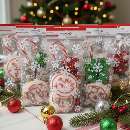 Celebrate It Let It Snow Christmas treat bags filled with holiday cookies and candy on a Christmas party table