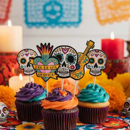 Celebrate It Dia de los Muertos cupcake toppers on decorated cupcakes on a celebration table with marigolds and candles