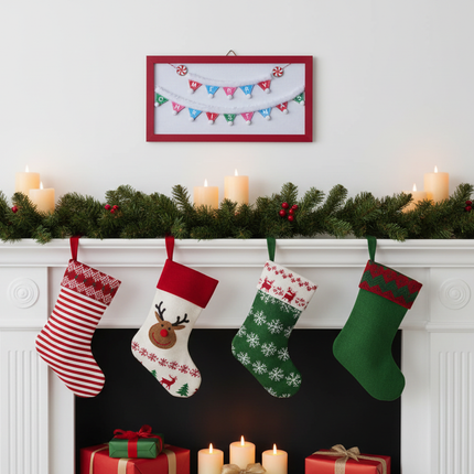 Merry Christmas pennant banner wall plaque with red frame hung above a holiday mantel with garland and stockings