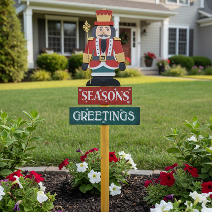 Ashland King 36 inch yard stake inserted into garden soil with a decorative seasonal sign attached