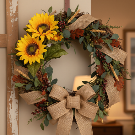 Ashland dual golden yellow sunflower stems used in a fall autumn wreath with burlap ribbon and greenery