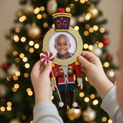 Child holding Studio Decor Felt Nutcracker Peppermint Photo Ornament with smiling photo inserted