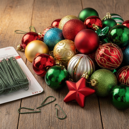 Ashland large green Christmas ornament hooks next to colorful Christmas ornaments on a wooden surface