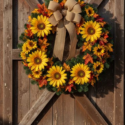 Large 36 inch green pine wreath decorated with sunflowers, burlap ribbon and fall leaves on a rustic barn door