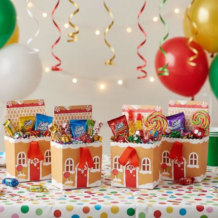 Celebrate It treat boxes 2 sets filled with candy on a party table with balloons and streamers