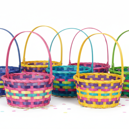 Multiple traditional Easter baskets 10x4.5 inch in assorted colors pink blue yellow green showing color variety