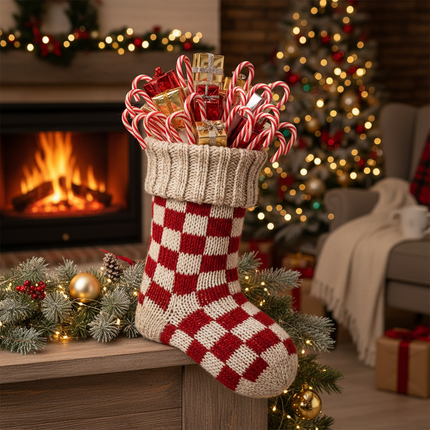 Red and white knit Christmas stocking 18in stuffed with candy canes and wrapped gifts