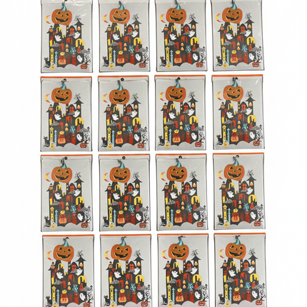 Halloween treat bags with haunted castle, jack-o-lanterns, ghosts, black cat and candy corn design on white background