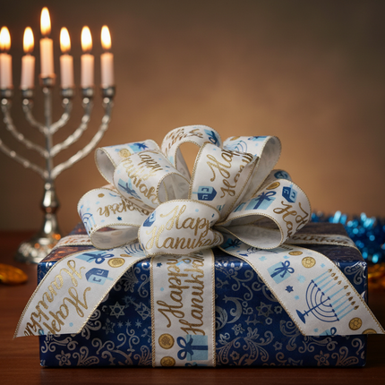 Celebrate It Hanukkah wired ribbon 2.5in wide cream background tied as large bow on blue silver wrapped gift with menorah candles glowing in background