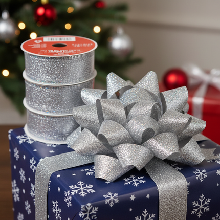 Celebrate It silver glitter wired ribbon 1.5in x 30ft formed into a bow on a wrapped Christmas gift