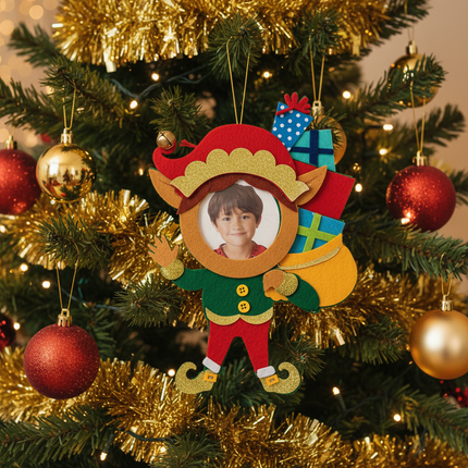 Studio Decor Felt Elf Photo Ornament hanging on decorated Christmas tree