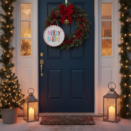 Round Merry and Bright wall sign hung on a front door with a Christmas wreath