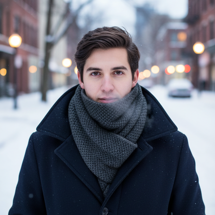 Person wearing a dark black grey textured knit winter scarf wrapped around neck with a winter coat outdoors