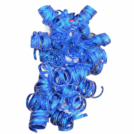 Close-up of blue curly gift bows curl ribbon showing curled ribbon texture and vibrant blue color