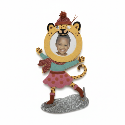 Studio Decor Kids Felt Leopard Ice Skater Photo Ornament slight angle white background
