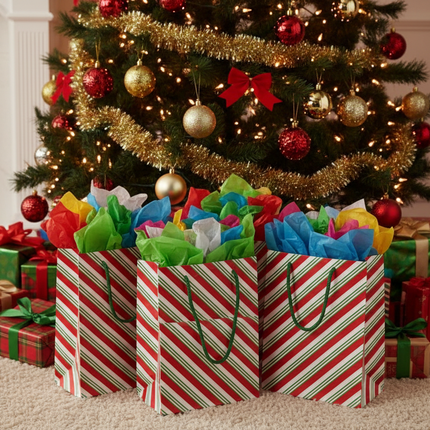 Set of 5 Christmas gift bags with red white and green candy cane stripe pattern filled with tissue paper arranged under a decorated Christmas tree