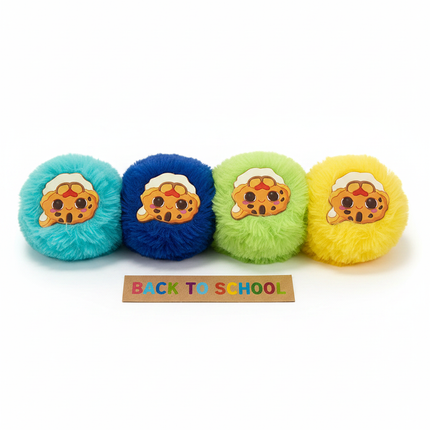 4-pack colorful fluffy pencil toppers in teal, blue, green and yellow on white background