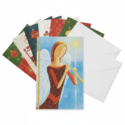 Hallmark Image Arts Christmas cards fanned out showing angel trumpet design with envelopes