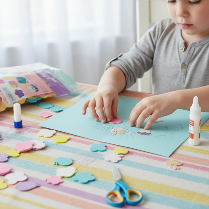 Easter foam stickers with kawaii snails and mushrooms being used by a child in a craft project on a colorful craft table
