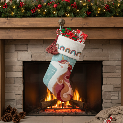 Unicorn Christmas stocking 18in stuffed with holiday gifts and candy canes