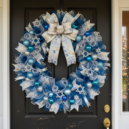 Celebrate It Hanukkah wired ribbon 2.5in wide cream background formed into large bow on Hanukkah wreath with blue silver ornaments and Star of David accents
