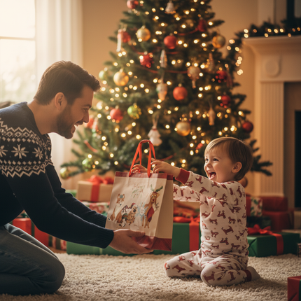 Christmas gift bag with cute holiday pets design being handed as a gift to a child on Christmas morning