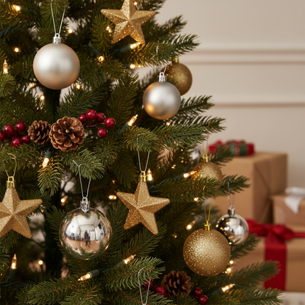 Ashland large silver Christmas ornament hooks being used to hang silver and gold ornaments on a Christmas tree