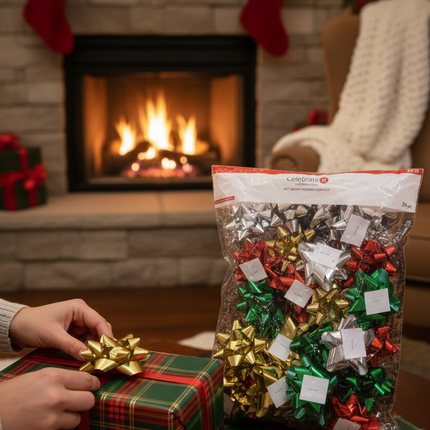 Hands placing a metallic gold star bow on a wrapped Christmas gift with fireplace in background