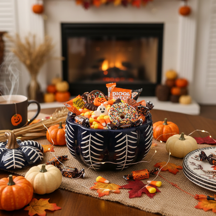 Celebrate It navy blue pumpkin-shaped ceramic bowl filled with candy corn and Halloween treats on a festive fall table