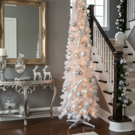 7ft white pencil Christmas tree decorated with silver and white ornaments in an elegant entryway
