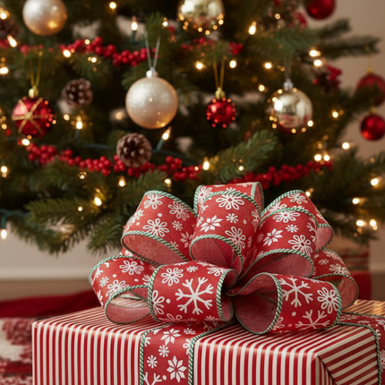 Celebrate It red wired ribbon with white snowflake pattern tied as a bow on a wrapped Christmas gift under a decorated tree