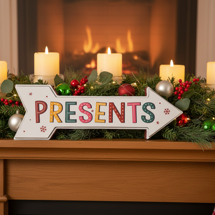 Ashland tabletop Christmas decor sign displayed on a mantel with holiday greenery candles and ornaments