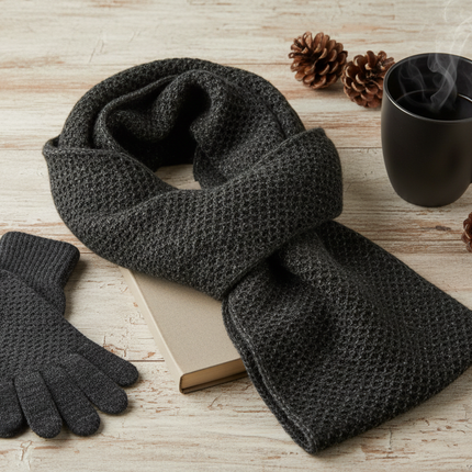 Dark black grey textured knit winter scarf styled on a wooden surface with winter accessories like gloves and a coffee mug