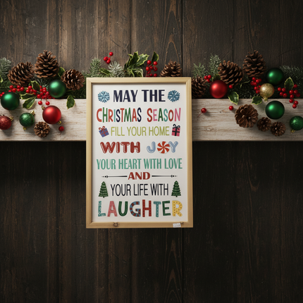 Ashland Christmas wall sign styled on shelf with pine cones, red berries, and ornaments