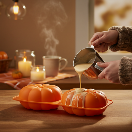Someone pouring cake batter into an orange silicone 3D pumpkin cake mold in a cozy kitchen with autumn decor in the background