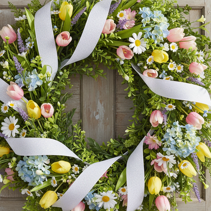 Celebrate It white glitter ribbon 2.5in x 20ft woven through an Easter wreath with pastel flowers and spring greenery