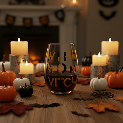 Celebrate It Wife Mom Witch stemless wine glass filled with red wine on a Halloween decorated table with pumpkins and candles