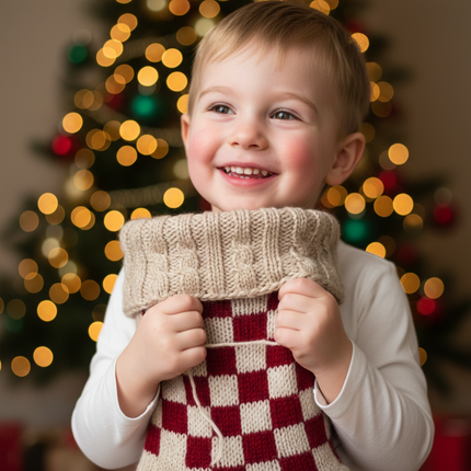 Child holding red and white knit Christmas stocking 18in with Christmas tree bokeh background